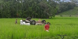 Homem e criança ficam feridos após carro colidir com poste e capotar em Schroeder