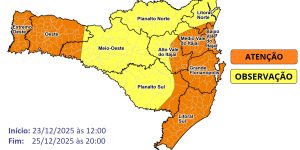 Defesa Civil alerta para risco de temporais com chuva intensa em Santa Catarina