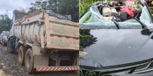 Pedra cai de caçamba atinge veículo e deixa motorista gravemente ferida em Jaraguá do Sul