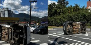 Carro capota após forte colisão e deixa dois feridos em Jaraguá do Sul