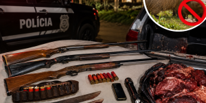 PM apreende armas e carne de capivara após denúncia de caça ilegal em Schroeder