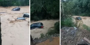 Rio transborda, arrasta carros e deixa rastro de destruição em pequena cidade de SC